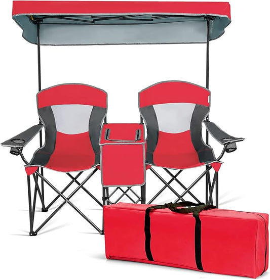S AFSTAR Double Camping Chair w/Shade Canopy, 2-Person Folding Camp and Beach Chair with Mini Table Beverage Cup Holder Ca...