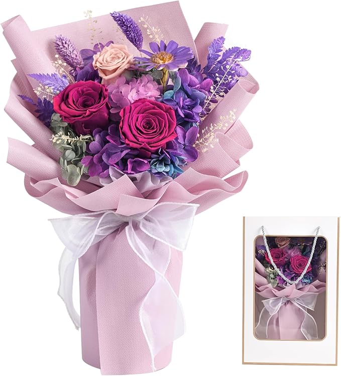 lovenfold Preserved Flowers for Delivery, Purple Rose Bouquets That Last 1-3 Years, Birthday Flowers Gifts for Women Mom G...