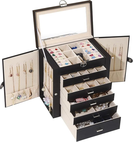 BOOVO Jewelry Box For women, 6 Layer Large Jewelry Organizer With Mirror, Multi-Function Storage Box With Lock, Accessory ...