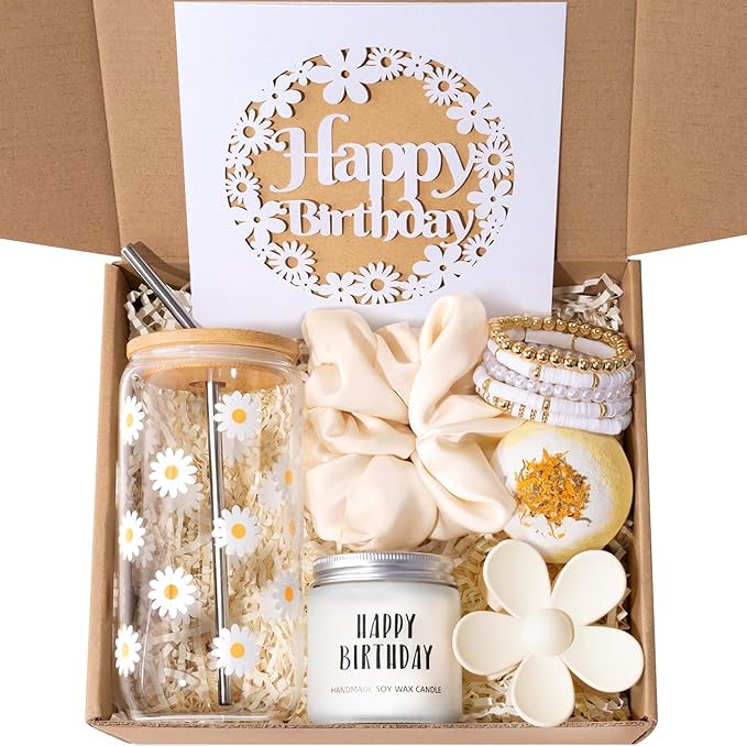 isolune Birthday Gifts For Women, Teen Girl, Her - Gift Baskets with Cute Daisy Aesthetic Glass Cups Gift Set 7pcs - Perfe...