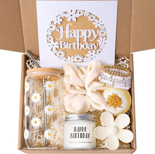 isolune Birthday Gifts For Women, Teen Girl, Her - Gift Baskets with Cute Daisy Aesthetic Glass Cups Gift Set 7pcs - Perfe...