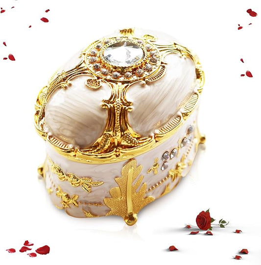 LUXINTHRA Vintage Beige Oval Jewelry Box, Small Metal Trinket Box,Portable Mini Jewelry Decorative Box for Earrings, Ring...