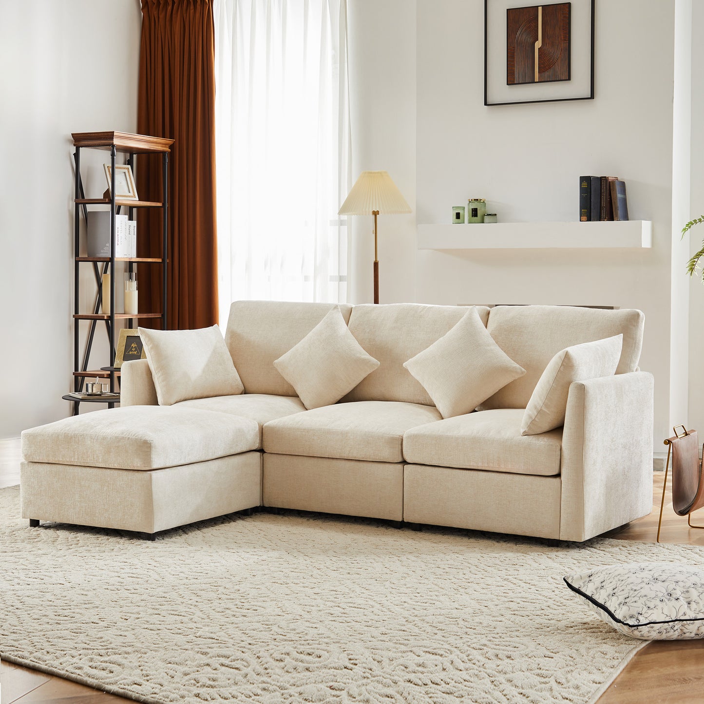 L-shaped Corner Sofa, Convertible To 3-seater, Modular Design, With Movable Footstool And 4 Chenille Cushions, Ideal For Living Room, Apartment And Office, Beige, With Video