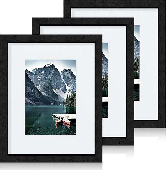 Hongkee 8x10 Black Picture Frames set of 3, Made of Wooden and Glass Photo frame - Displays Picture 5x7 with Mat or 8 x 10...