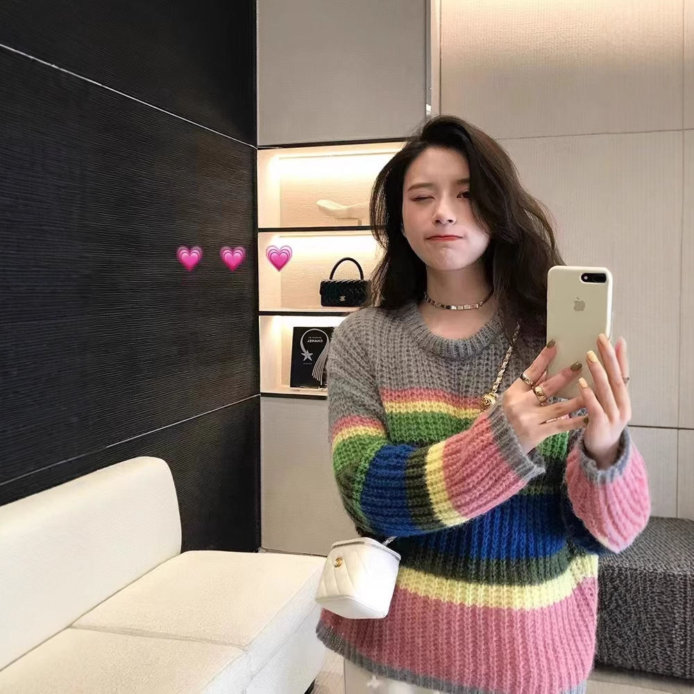 Korean Spring Limited Rainbow Mohair Striped Sweater Loose Outerwear Top