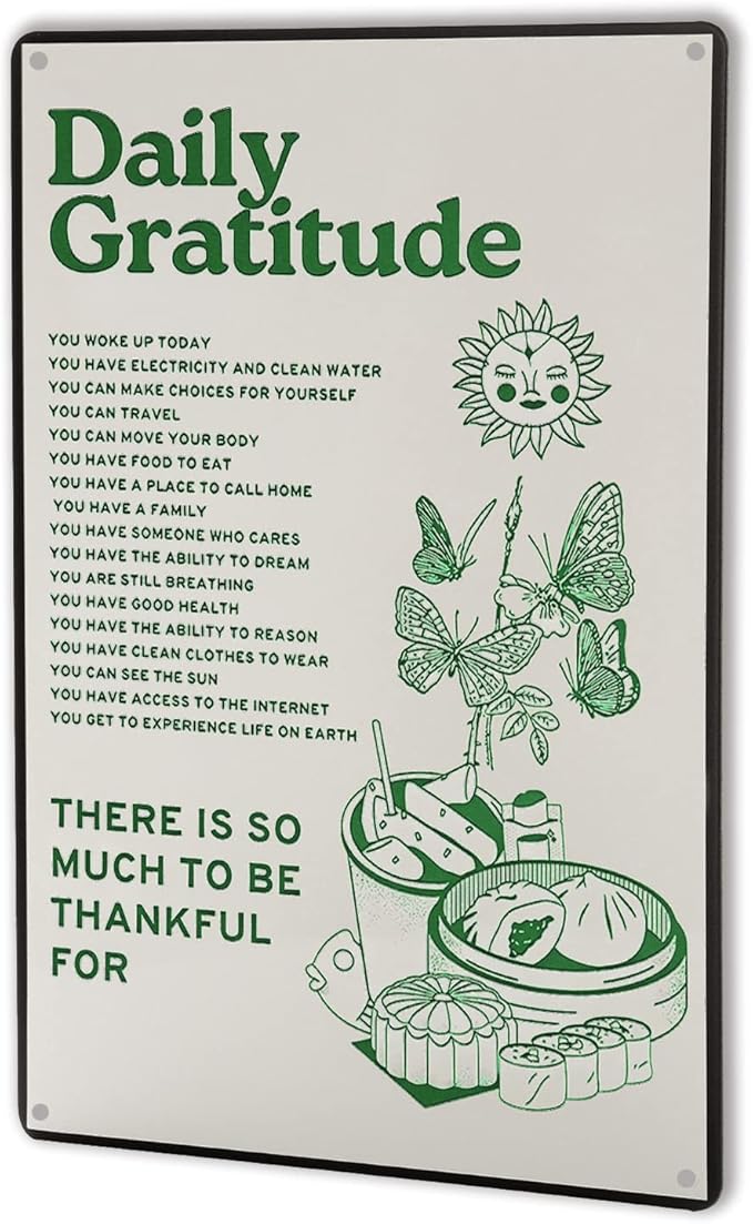 Room Decor Aesthetic Wall Decor Daily Gratitude Inspirational Metal Tin Sign, Green Boho Home Coffee Room Wall Office Deco...