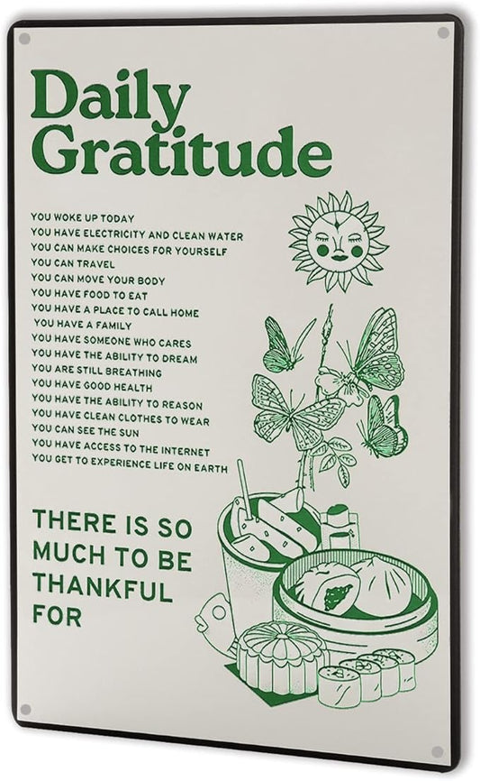 Room Decor Aesthetic Wall Decor Daily Gratitude Inspirational Metal Tin Sign, Green Boho Home Coffee Room Wall Office Deco...