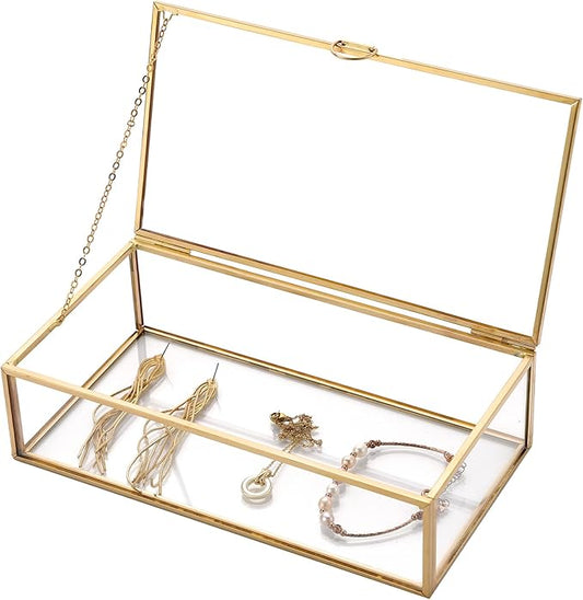 AMGSH 7.8" Golden Vintage Glass Keepsake Box | Jwelry Lidded Box Decorative Glass Golden Boxes for Display,Clear Rectangle...