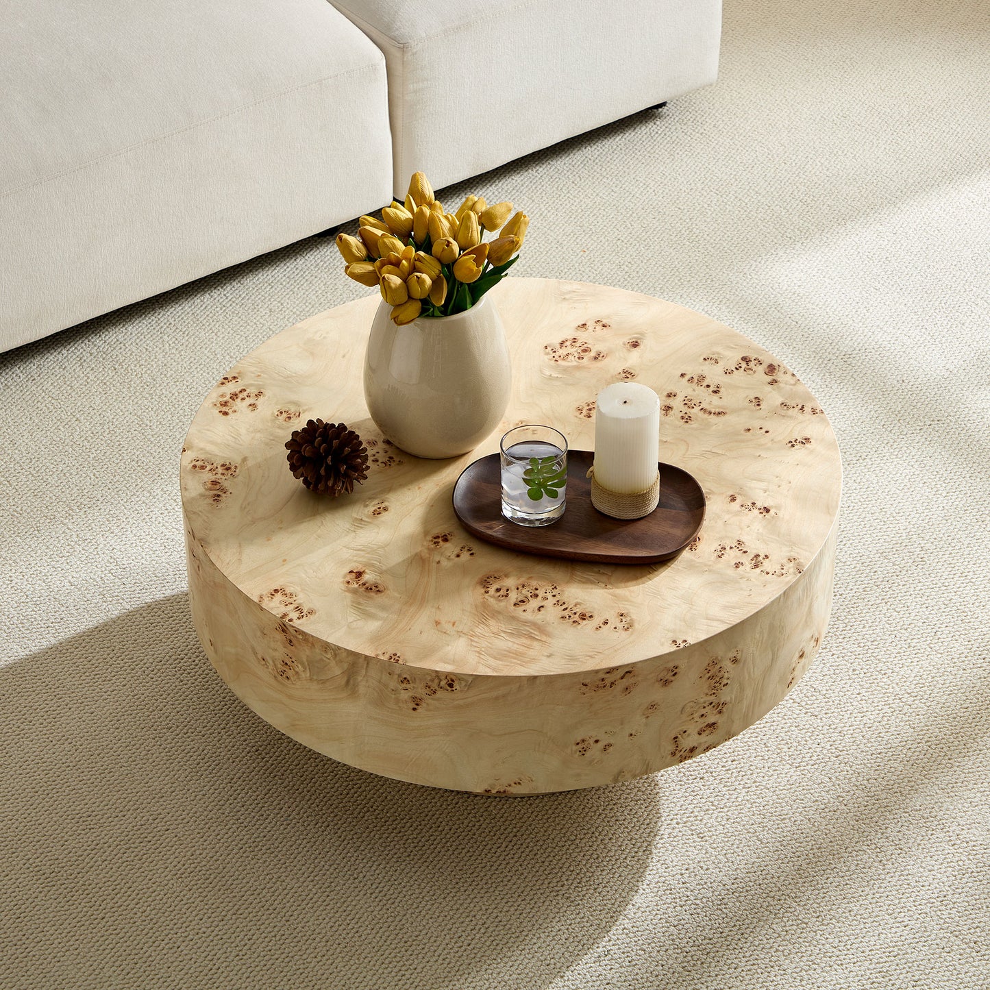 31.49  Mid Century Modern Round Wood Coffee Table With Burl Wood Veneer And Sturdy Pedestal For Living Room Office Apartment