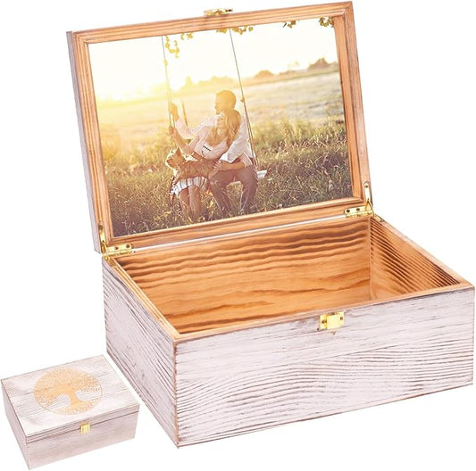 Tree of Life Larger Wooden Memory Keepsake Boxes With Hinged Lids and a photo frame inside the lid - Decorative Storage Bo...
