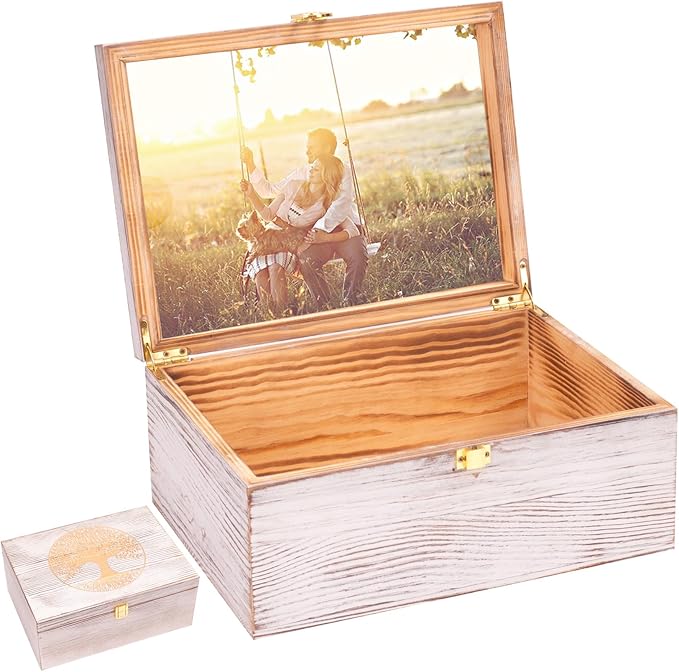 Tree of Life Larger Wooden Memory Keepsake Boxes With Hinged Lids and a photo frame inside the lid - Decorative Storage Bo...