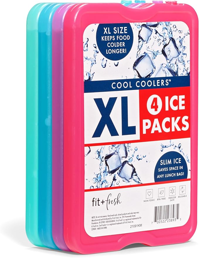 Cool Coolers by Fit & Fresh 4 Pack XL Slim Ice Packs, Quick Freeze Space Saving Reusable Ice Packs for Lunch Boxes or Cool...