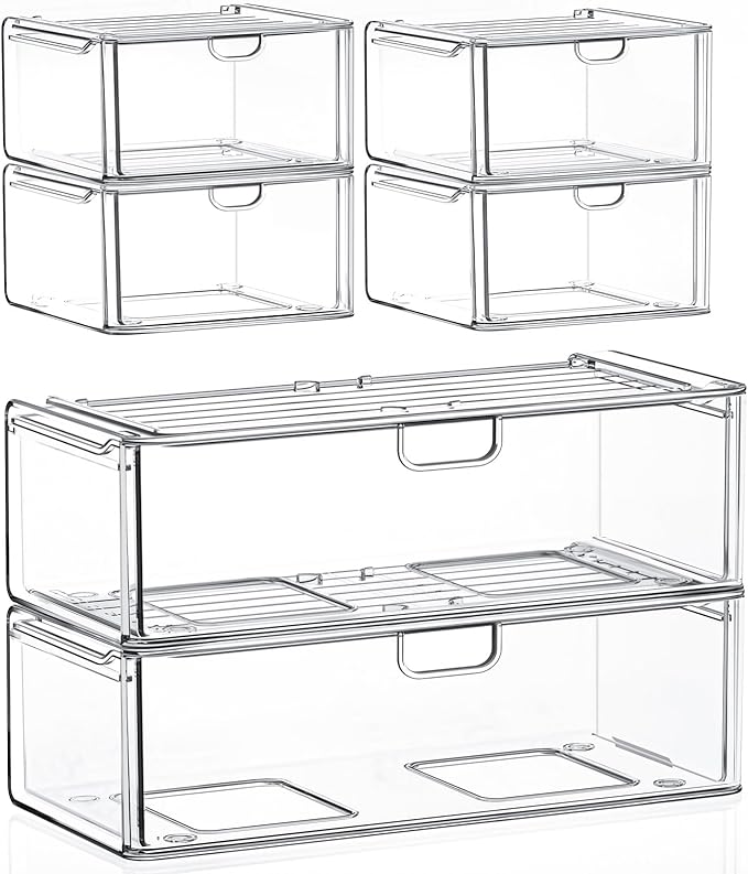 caktraie Acrylic Storage Drawers Set of 6, Clear Makeup Organizer, Plastic Organizer Bins for Beauty Supplies,Ideal for Va...