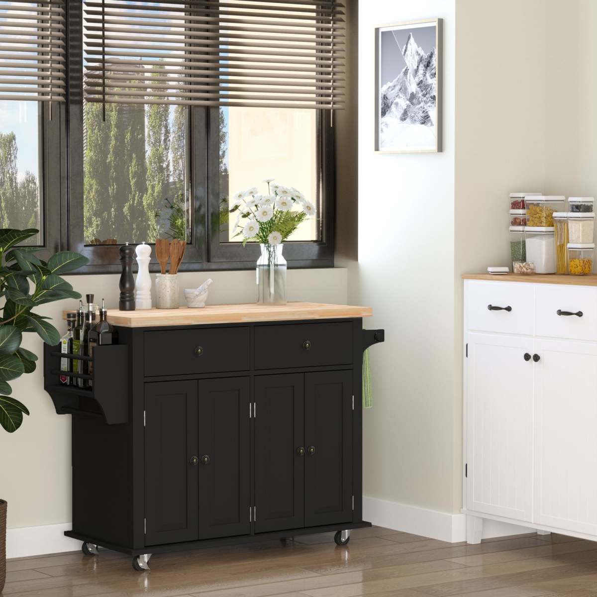 44" Mobile Kitchen Island Table, Kitchen Island Cart on Wheels with Storage Cabinets, 2 Drawers, Black