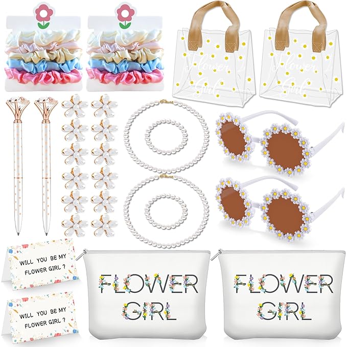 28Pcs Flower Girl Proposal Gift Set - 2 Bags Including Round Flower Sunglasses, Canvas Bag, Pearl Necklace, Bracelet, Hair...