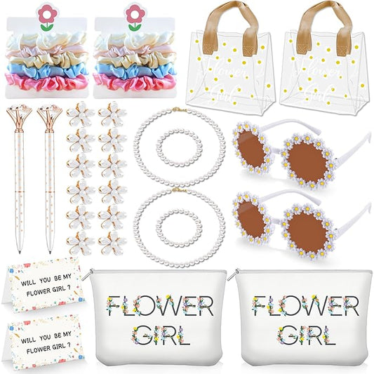 28Pcs Flower Girl Proposal Gift Set - 2 Bags Including Round Flower Sunglasses, Canvas Bag, Pearl Necklace, Bracelet, Hair...