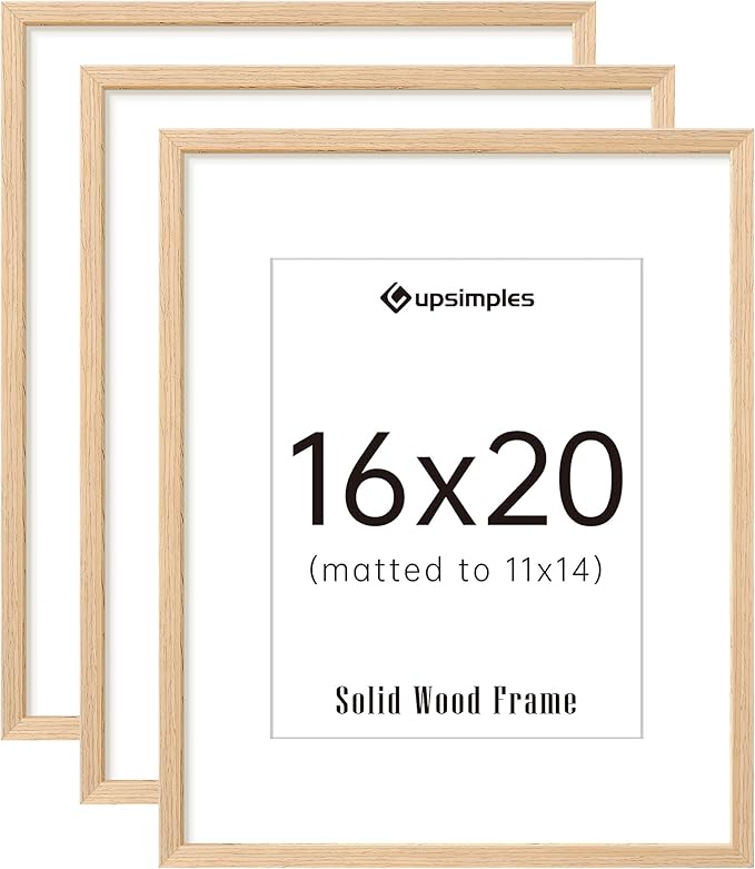 upsimples 16x20 Frames Set of 3, Natural Solid Wooden Picture Frames, Display 11x14 with Mat or 16 x 20 Without for Vertic...