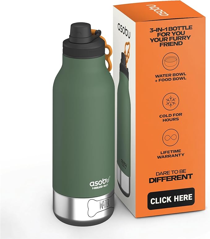 Asobu Dog Barky Bottle – Insulated Stainless Steel Water Bottle with 2 Removable Dog Bowls for Food, Treats & Water – Pet-...