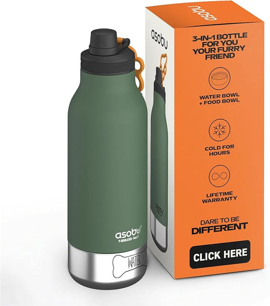 Asobu Dog Barky Bottle – Insulated Stainless Steel Water Bottle with 2 Removable Dog Bowls for Food, Treats & Water – Pet-...