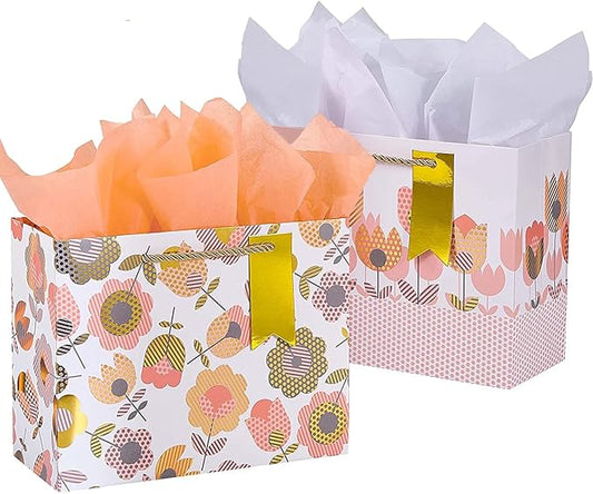 SUNCOLOR 2-Pack 9" Flower Gift Bags with Tissue Paper– Floral Gift Bags for Mother's Day, Birthday, Bridal Shower, Easter,...