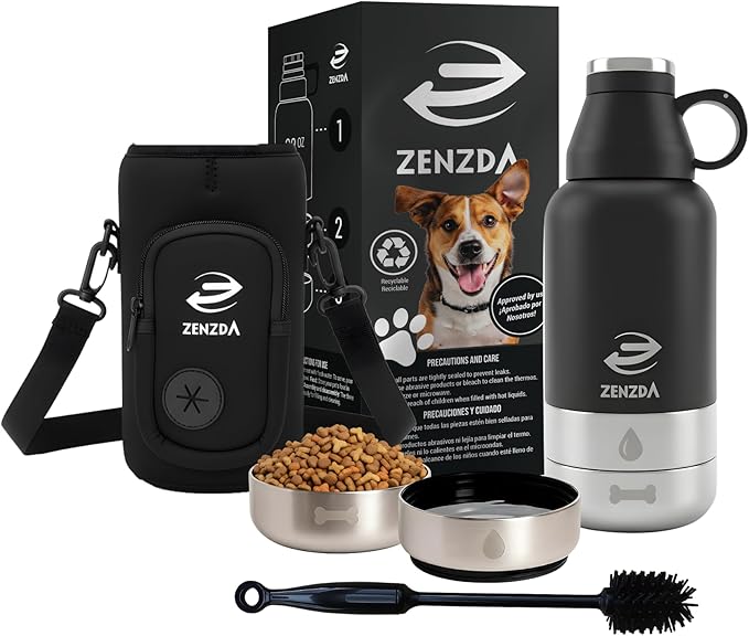 ZENZDA 3-in-1 Dog Water Bottle – Insulated Stainless Steel Travel Bottle with Food Bowl, Leakproof, Carrying Bag & Brush