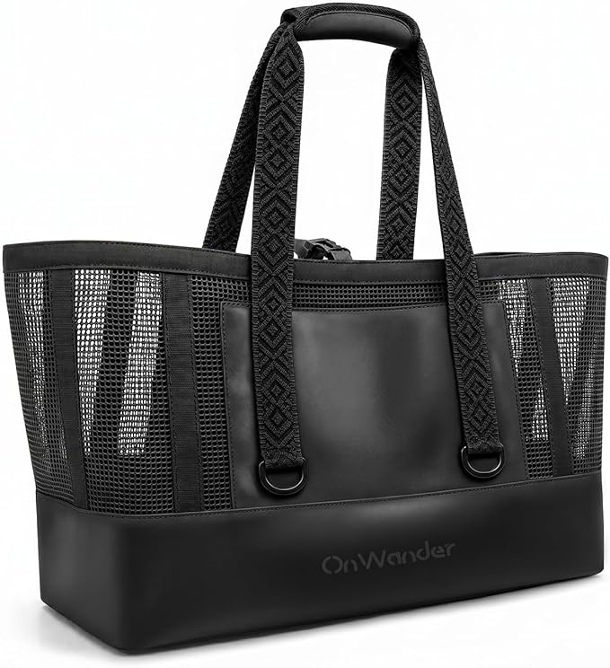 OnWander Large Mesh Beach Tote Bag - Pool Bags with 2 Inner Zipper Waterproof Pockets for Swim Toys Towels Travel