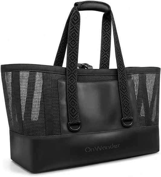 OnWander Large Mesh Beach Tote Bag - Pool Bags with 2 Inner Zipper Waterproof Pockets for Swim Toys Towels Travel