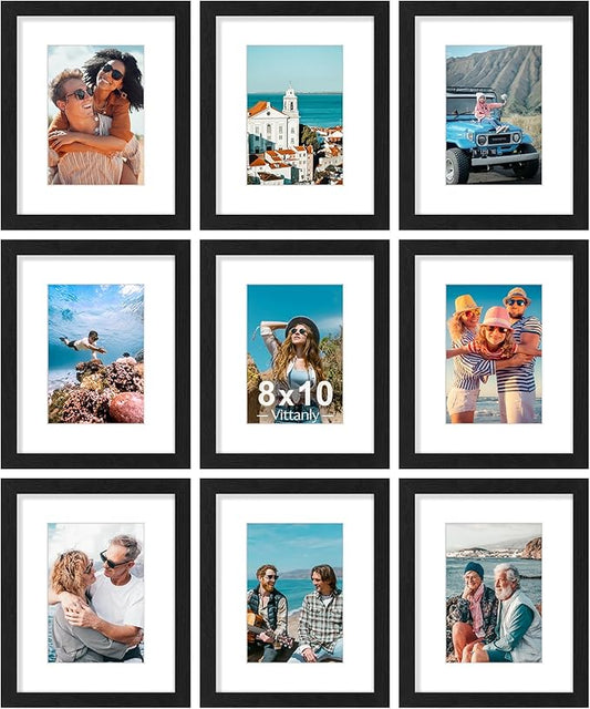 Vittanly 8x10 Picture Frames Set of 9, Shatter Resistant Plexiglass, Display 5x7 Pictures with Mat or 8x10 without Mat, Ph...