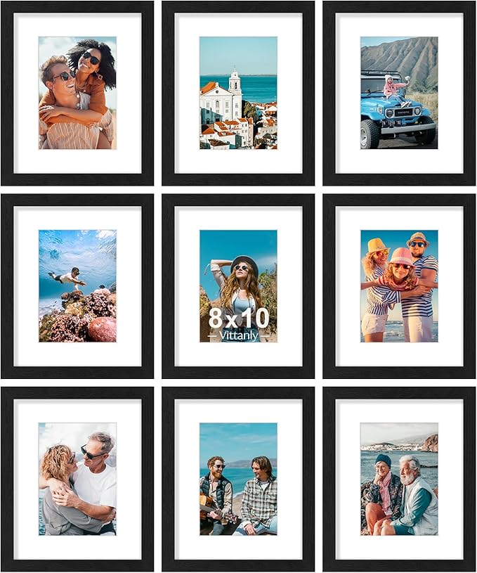 Vittanly 8x10 Picture Frames Set of 9, Shatter Resistant Plexiglass, Display 5x7 Pictures with Mat or 8x10 without Mat, Ph...