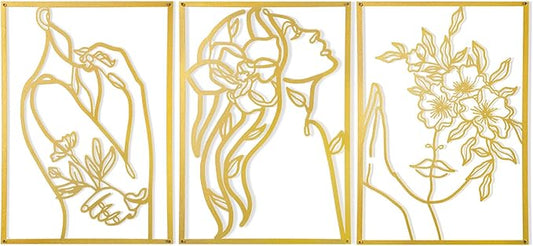 AGIOTA 3 Pcs Gold Wall Decor Above Bed Minimalist for Living Room Metal Line Art - Female Body, Gold Room Decor for Bedroo...