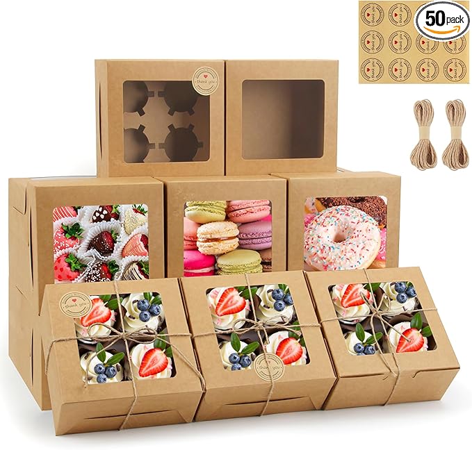 OAMCEG 50 PCS Cupcake Boxes with Window, 6x6x3 Inch Cookie Boxes, Brown Bakery Containers for Pastry, Dessert, Chocolate S...