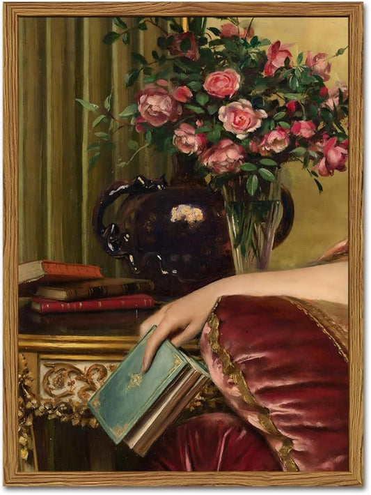 Framed Vintage Wall Art, Moody Victorian Wall Decor Paintings, Mid Century Modern Antique Book Woman Still Life Canvas Pri...