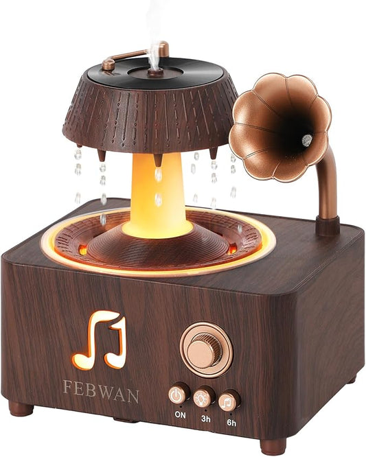FEBWAN Rotating Water Droplet Aromatherapy Diffuser, Vintage Record Player Essential Oil Diffuser with Bluetooth Speaker, ...