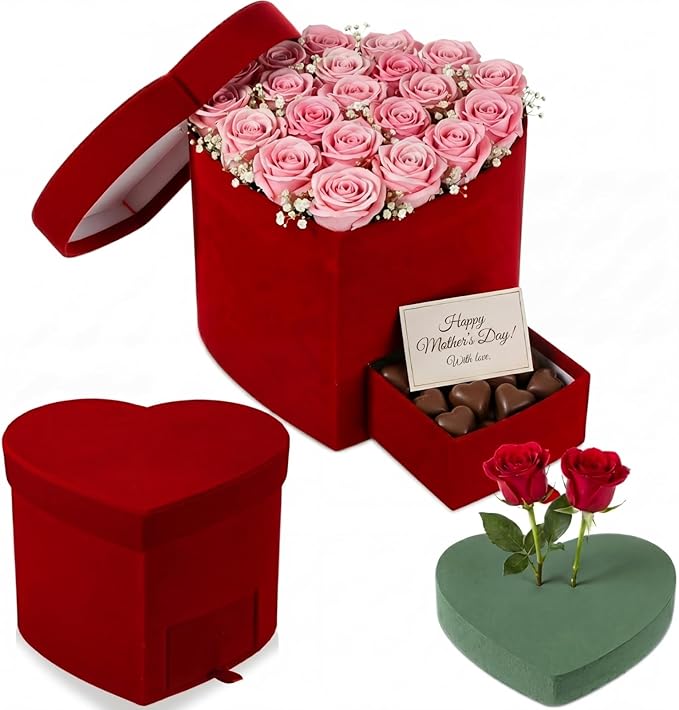 Tinlade Velvet Heart Shaped Gift Box with Lid & Drawer, Red Flower Box for Roses, Heart Treat Boxes for Mother's Day, Vale...