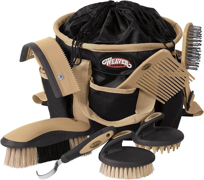 Weaver Equine Horse Grooming Kit, 7-Piece Horse Brush Set with Organizer Tote Bag, Hoof Pick, Comb, Sweat Scraper, Equine ...