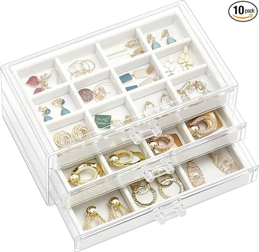 ProCase Earring Holder Organizer Jewelry Box with 3 Drawers, Acrylic Clear Earring Case with Adjustable Velvet Trays for W...
