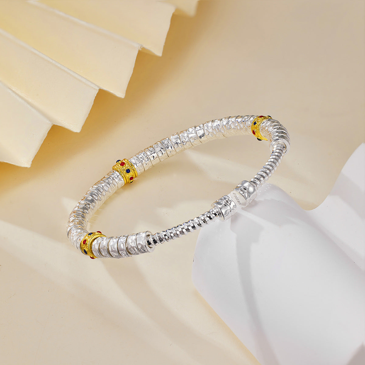 1pc S925 Silver Hammered Coiled Beaded Bangle, Retro Chinese Style, Perfect For Daily Wear & Holiday Gifts