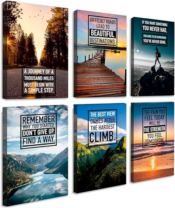 Throwbacktraits Canvas Motivational Wall Art – Set of 6 Inspirational Prints with Uplifting Phrases & Vibrant Images, Eco-...
