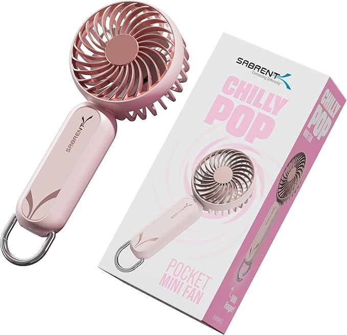 SABRENT ChillyPop Mini Portable Fan with Hanger, USB-C Rechargeable Handheld Personal Fan, 3 Speed Quiet Mini Cooling Fan,...
