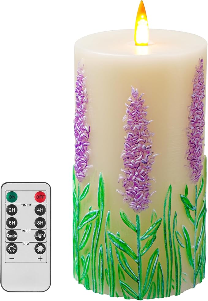 QQFCTOO Lavender Embossed flameless Candle with Flickering Flame - Battery-Operated Candle with Remote Timer - Real Wax - ...