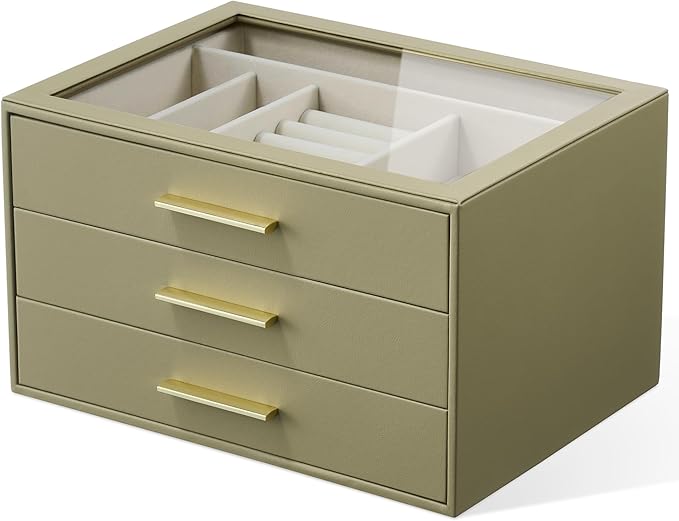 Jewelry Box Organizer Case for Women: 3-Layer Jewelry Storage Case with Glass Window, Olive Green Leather with Cream Velve...
