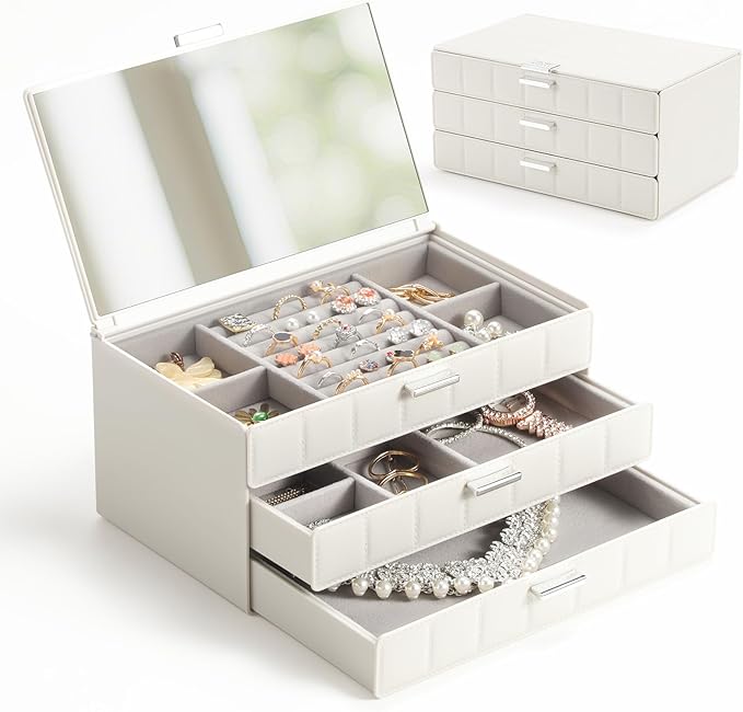 LAMU Jewelry Box Organizer with Mirror, 3-Layer Jewelry organizer with 2 Drawers, Large PU Leather Organizer for Earrings ...