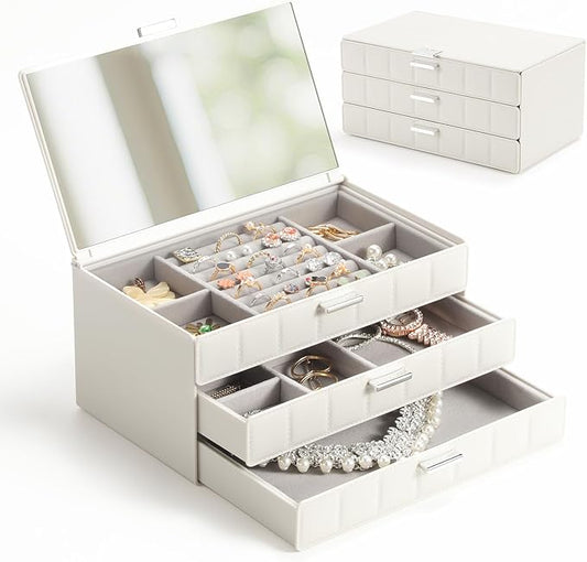 LAMU Jewelry Box Organizer with Mirror, 3-Layer Jewelry organizer with 2 Drawers, Large PU Leather Organizer for Earrings ...