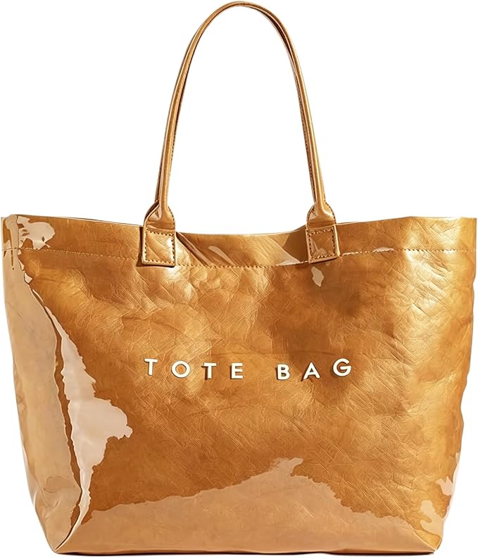 ALUWU Women's PVC Tote Bag Kraft Paper Work Handbag Wipeable Plastic Purse with Top Handle for Beach Travel