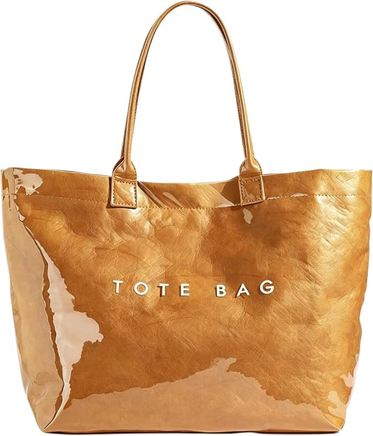 ALUWU Women's PVC Tote Bag Kraft Paper Work Handbag Wipeable Plastic Purse with Top Handle for Beach Travel