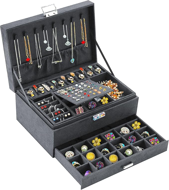 QBestry 3-Layer Jewelry Box for Women with Lock and Key & Drawer, Large Jewelry Organizer with 8 Necklace Hooks & 56 Earri...
