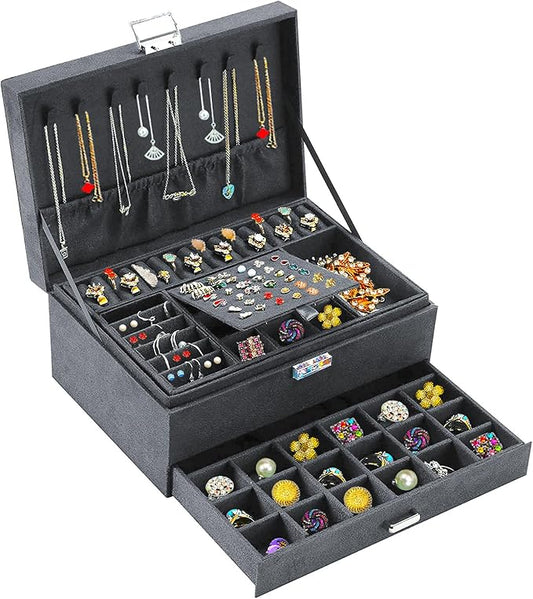 QBestry 3-Layer Jewelry Box for Women with Lock and Key & Drawer, Large Jewelry Organizer with 8 Necklace Hooks & 56 Earri...