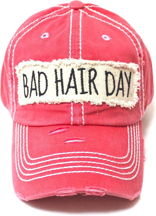 Women's Hat Bad Hair Day Embroidery Patch on Distressed Cap (Multiple Colors)