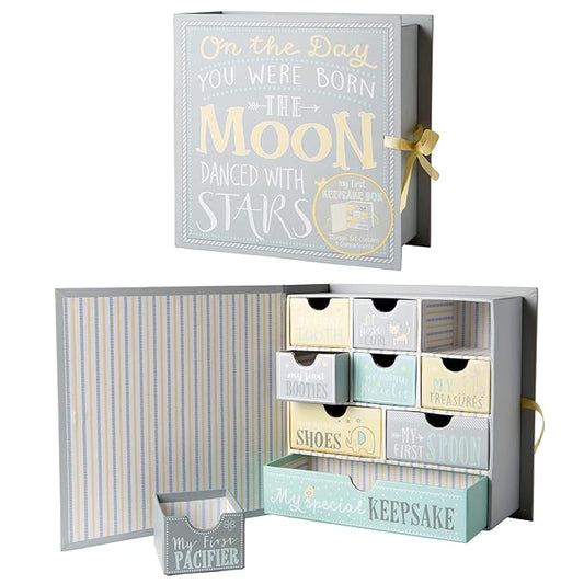 Votum Baby Keepsake Box for Treasured Memories, Moon & Stars - Lightweight, Handcrafted Baby Boxes with 9 Labeled Compartm...