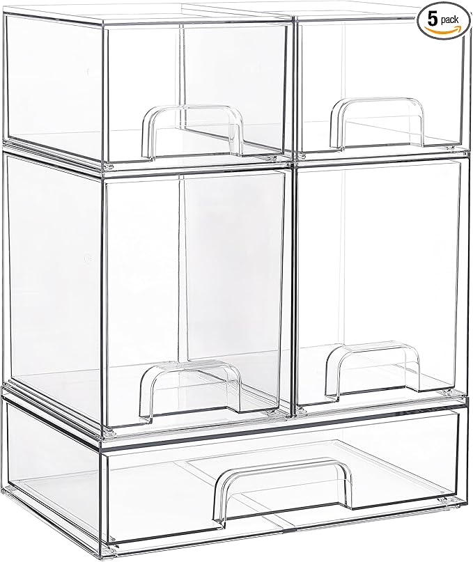 Vtopmart Stackable Storage Drawers Set of 5, Clear Plastic Organizer Bins for Baby Bottle, Beauty Supplies Storage, Ideal ...